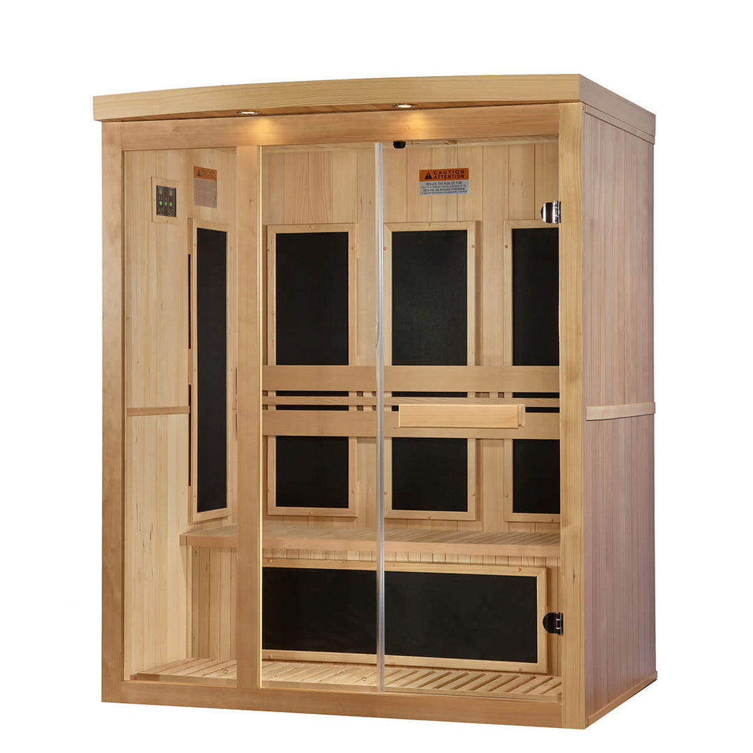 Wooden sauna angled and facing left.