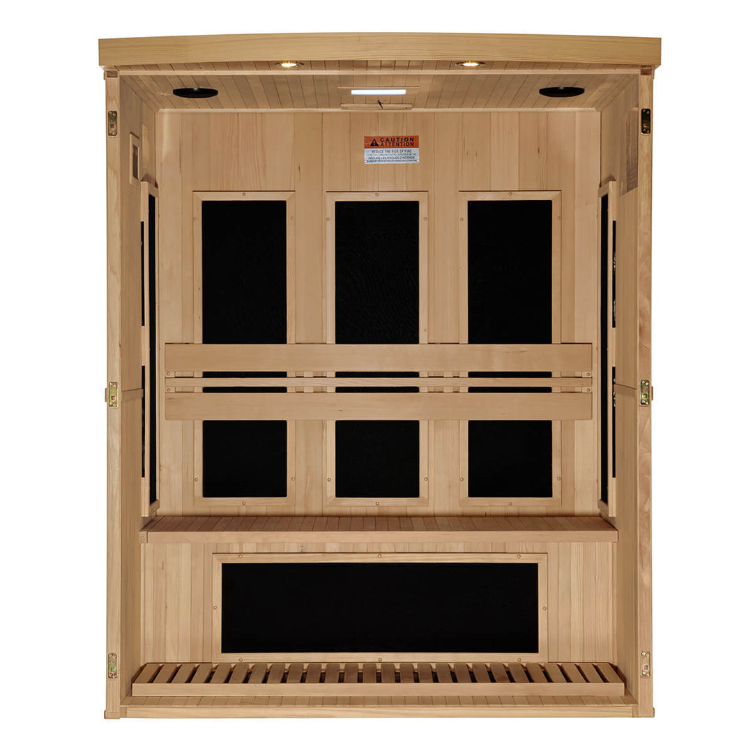 Inside view of sauna without the front panel to show what the inside looks like.