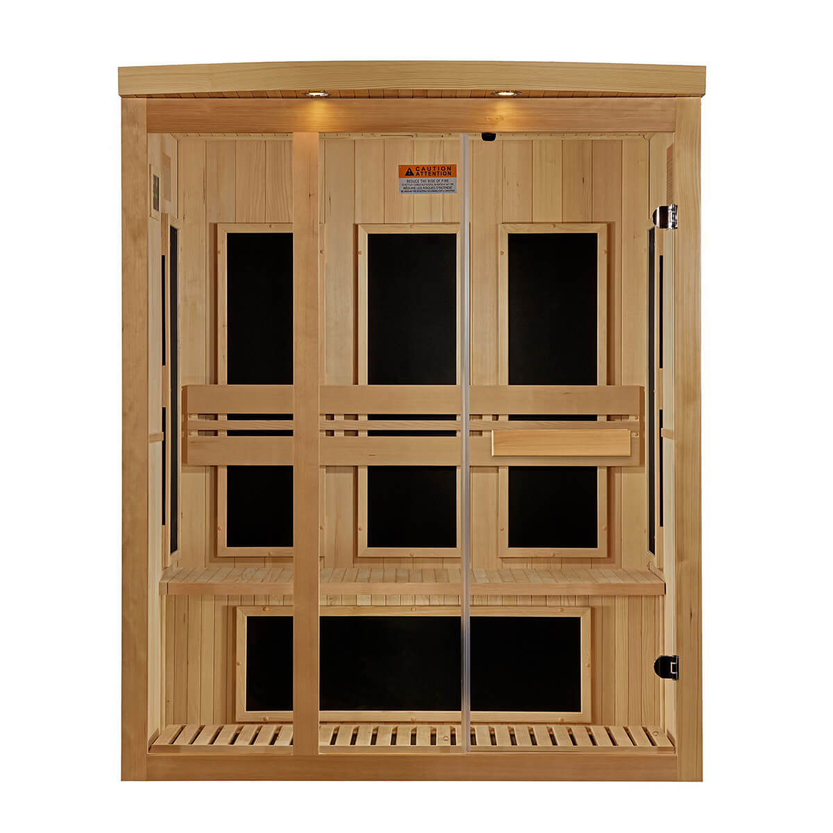 Wooden sauna facing front on white background.