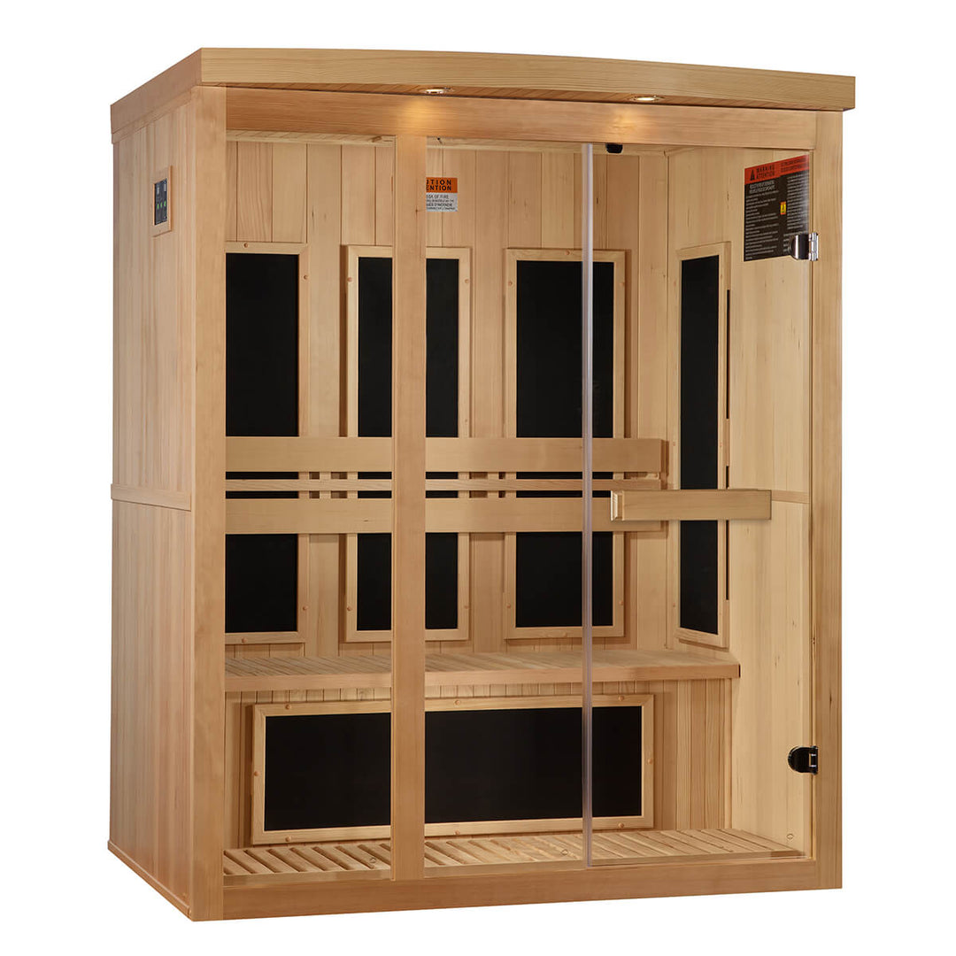 Wooden sauna angled and facing right.