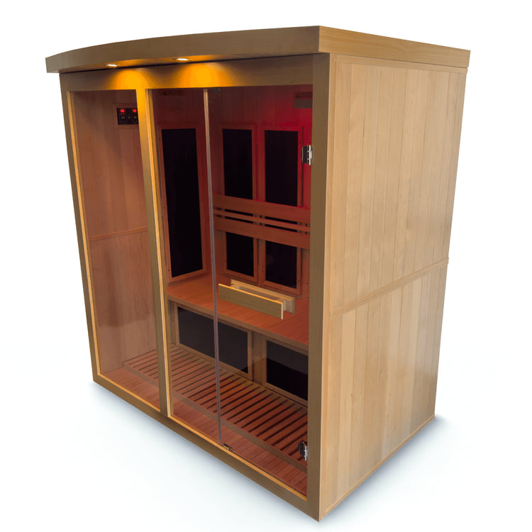Wooden sauna with glass door on a white background