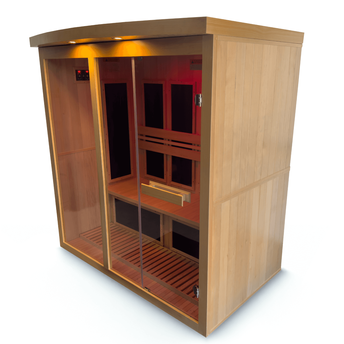 Wooden sauna with glass door on a white background