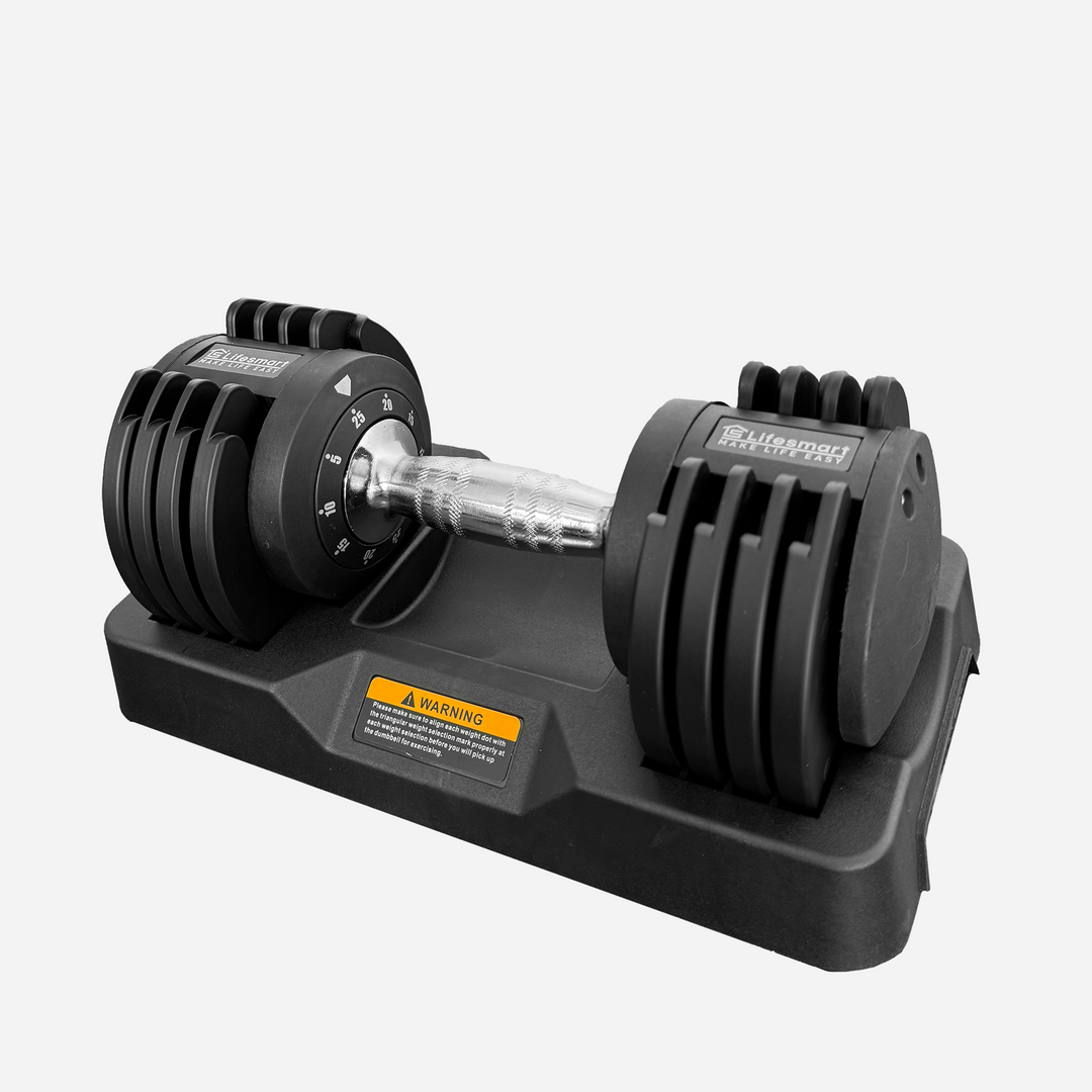 Alternative view of Lifesmart 25 lb. Adjustable Dumbbell on gray background with warning label showing 