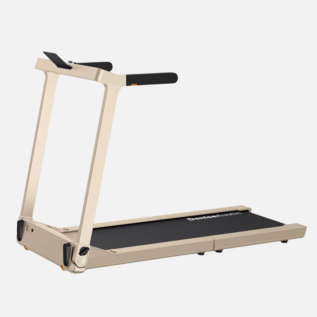 A beige or tan colored treadmill on a white background.