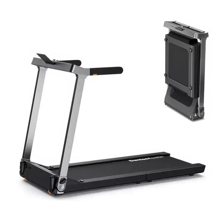 Both folded and upright Denise Austin 2.0 Foldable Treadmill on white background.