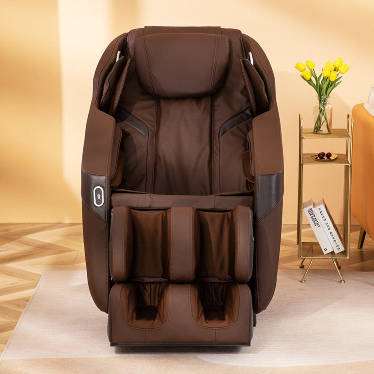 Brown R8316 2D massage chair in a living room. 